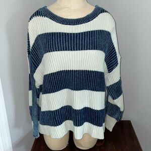 NWT VINTAGE HAVANA Women's Washed Striped Denim Blue Sweater Size S